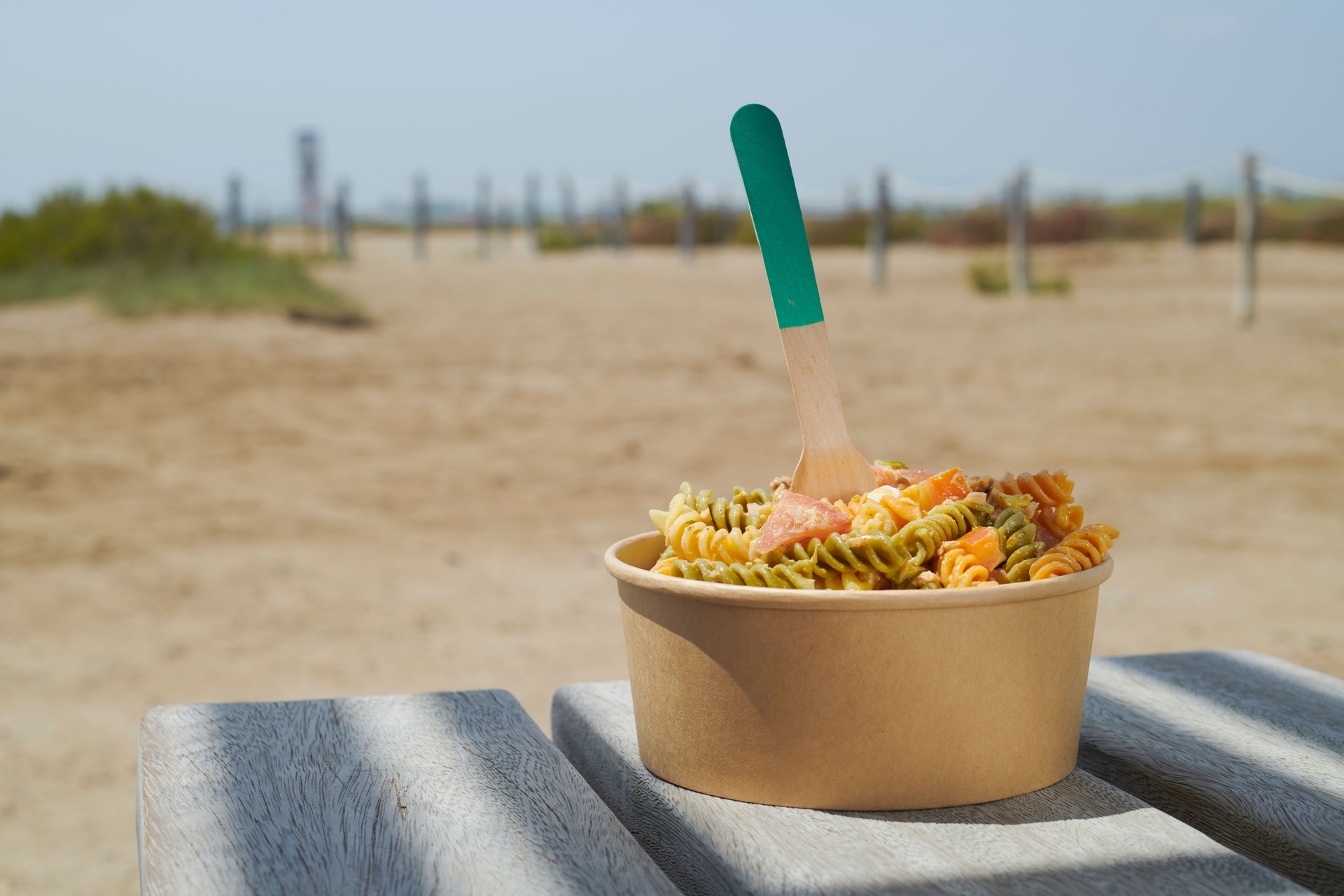 colorful pasta bowl on a summer table